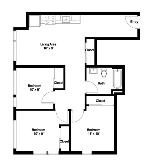 Floor plan for 3 beds, 1 bath, 871 sqft